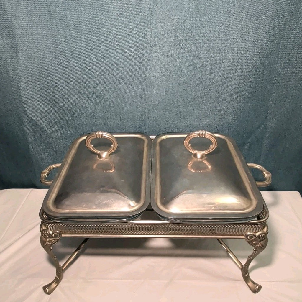 Silver Plated Double Chafer 8 Qt Buffet Server 2 Marinex Glass Pans Lion Feet