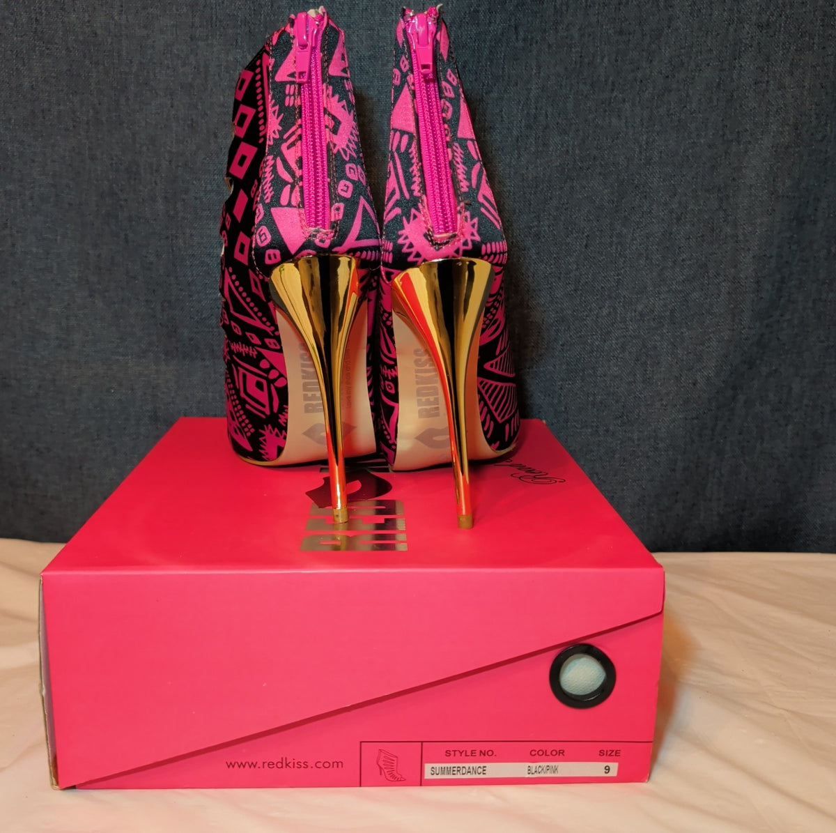 RedKiss Summerdance High Heels Size 9 Pink Black Caged Booties Stiletto Boxed