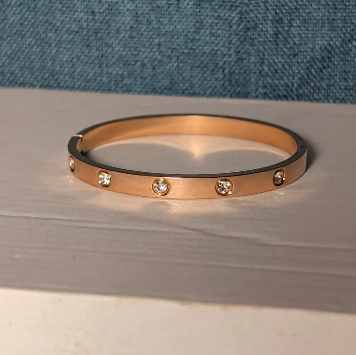 Hinged Bangle Copper Rose Gold Tone Rhinestone