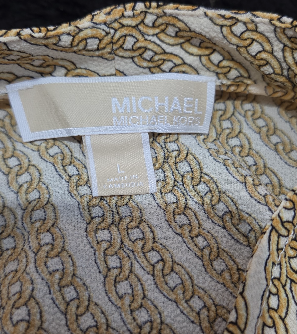 Michael Kors Blouse Gold Chain Link Print Wrap V-Neck Stretch Top L Gently Used