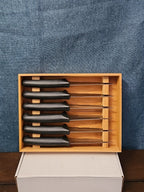 6 Gibson Steak Knives | 4.5" Serrated Stainless Steel | Wood Storage Block Tray