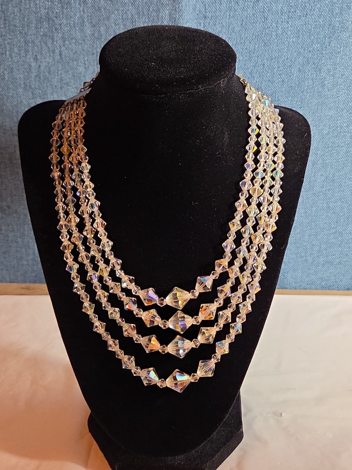 Deltah 4-Strand Aurora Borealis Crystal Necklace Vintage Glam