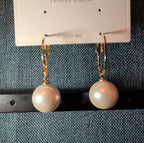 HS DP Fashion Pearl Drop Hoop Earrings 14K Gold Plated S925 Post Classic