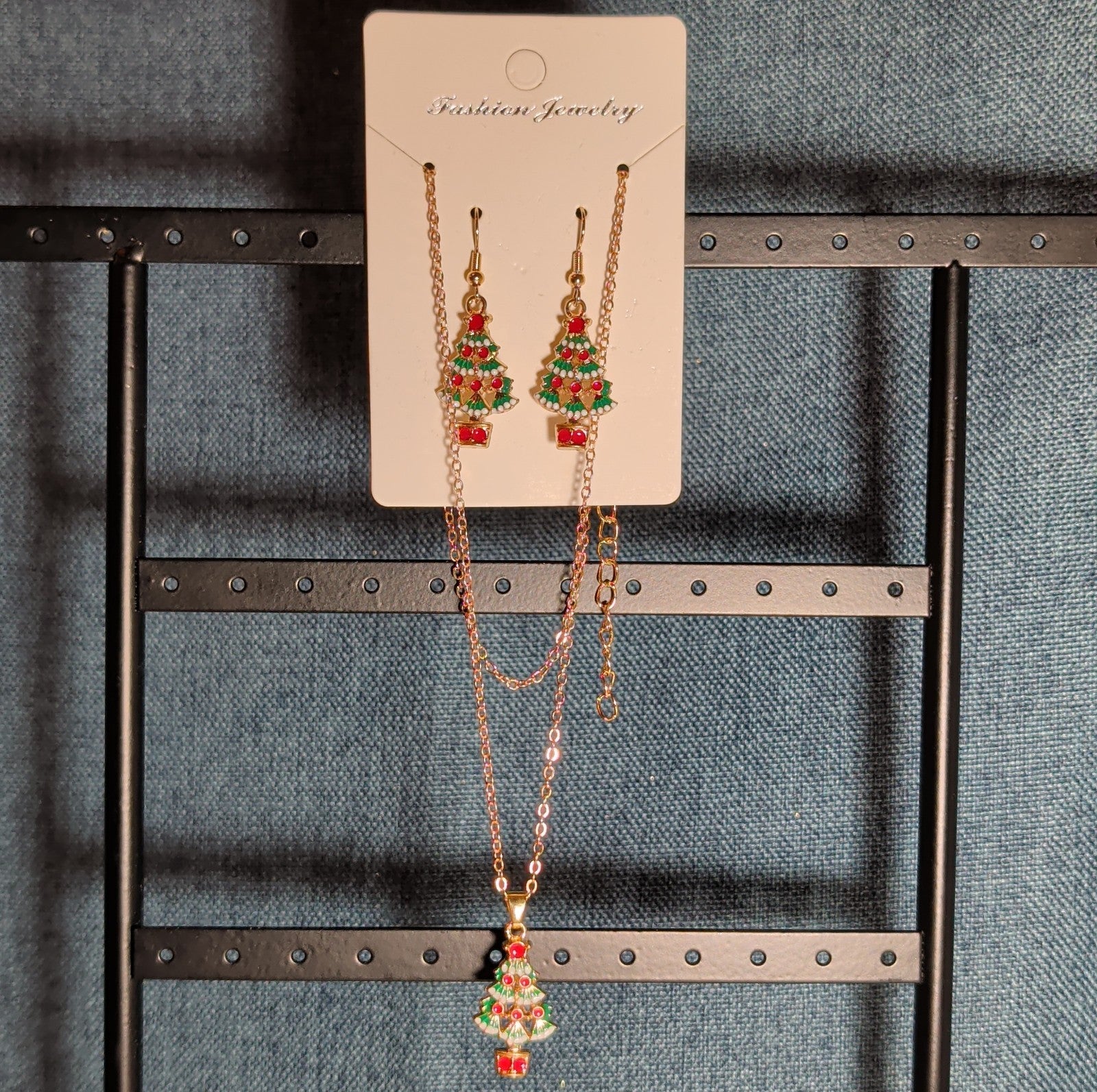Christmas Tree Necklace Earring Set Gold Tone Enamel Holiday