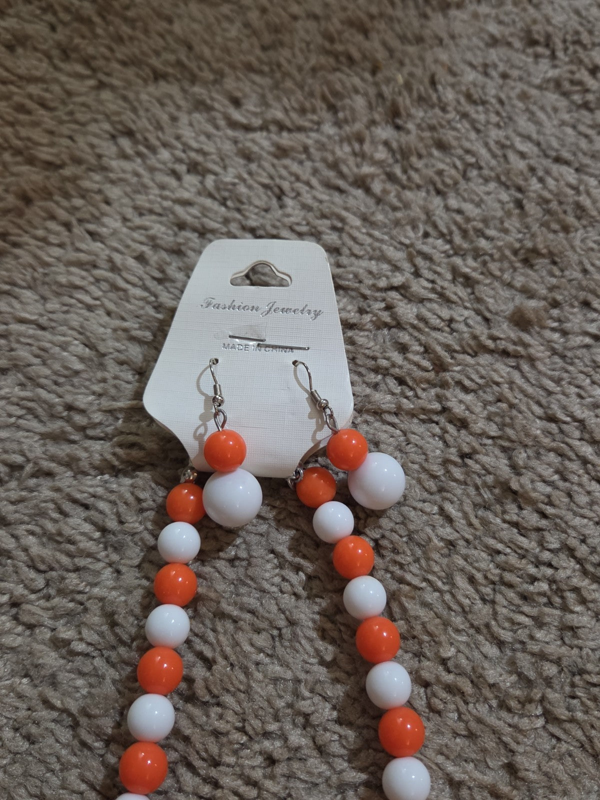 Chunky Bubblegum Bead Necklace Earring Set Orange White Retro
