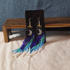 Boho Celestial Moon Seed Bead Fringe Dangle Earrings