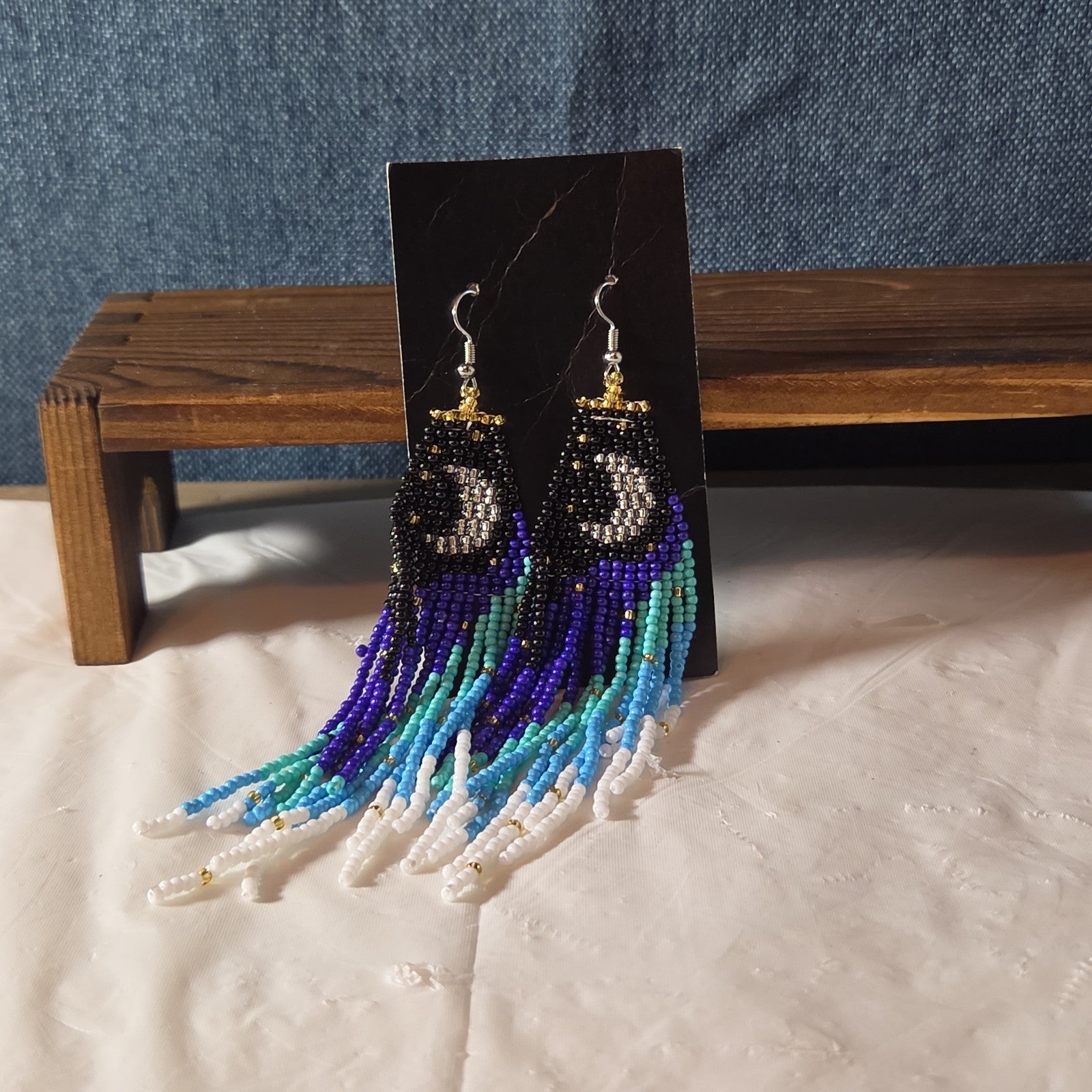 Boho Celestial Moon Seed Bead Fringe Dangle Earrings