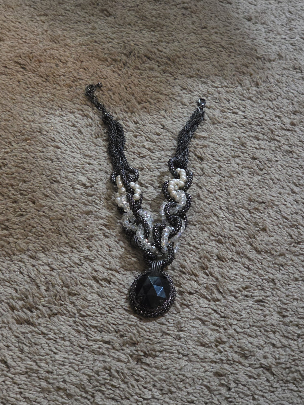 Black Crystal Pearl Necklace Chunky Bib Pendant Antique Chain