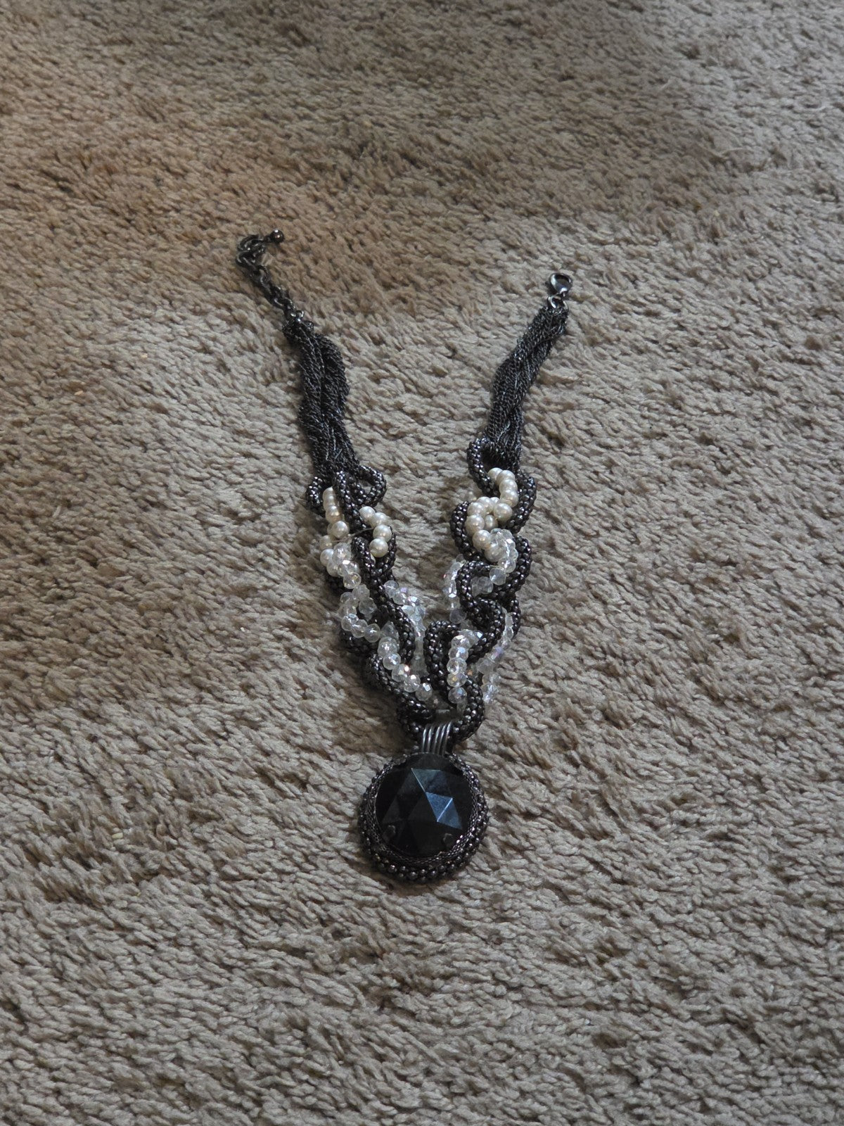 Black Crystal Pearl Necklace Chunky Bib Pendant Antique Chain