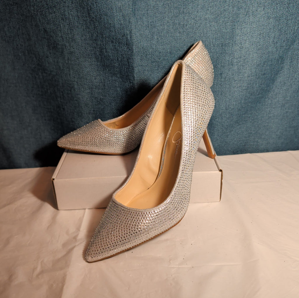 Jessica Simpson Lindiza Rhinestone Pumps 8M Silver Sparkly Stiletto Heels 39