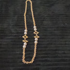 Vintage Gold Tone Geometric Necklace Long Pearl Station Diamond Link Chain 32"