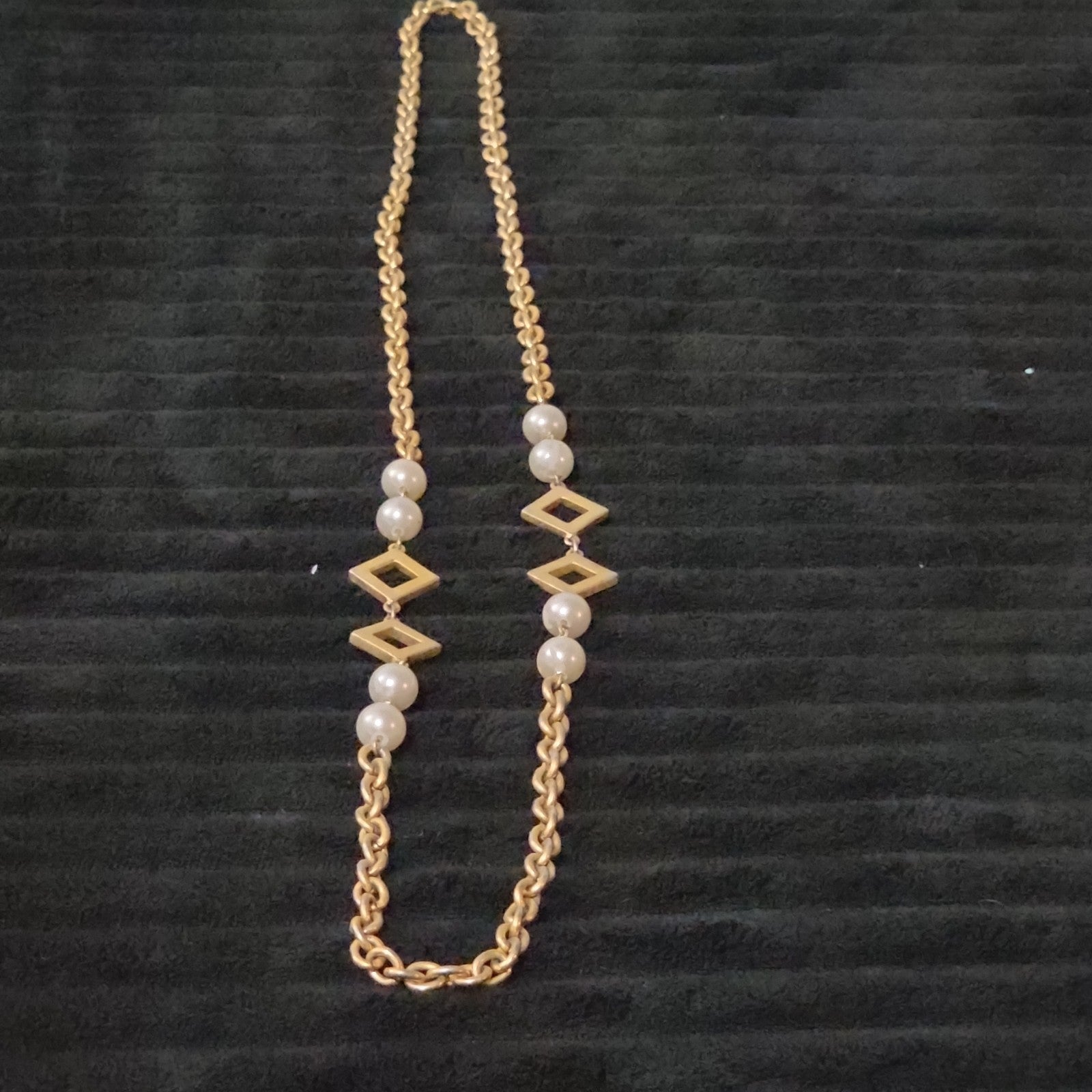 Vintage Gold Tone Geometric Necklace Long Pearl Station Diamond Link Chain 32"