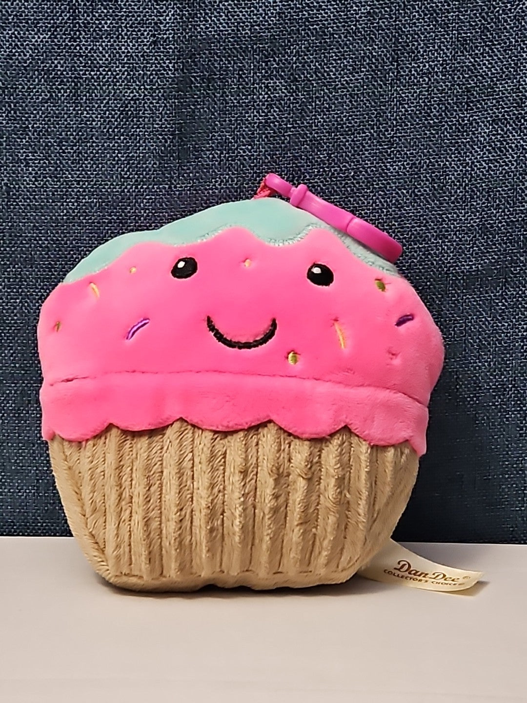 Dan Dee Cupcake Plush Keychain | Pink Happy Face Bag Clip | Kawaii Food Stuffed