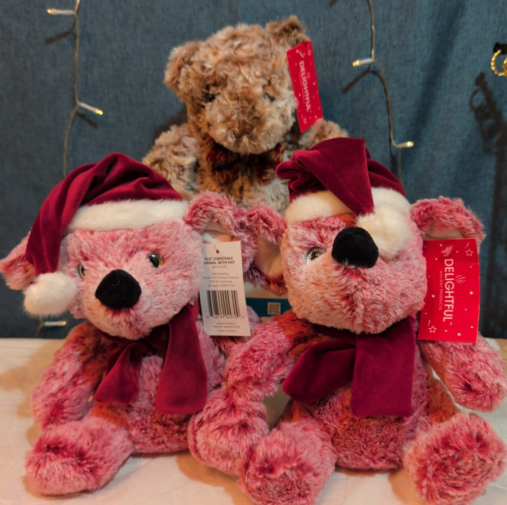 Delightful Holiday Christmas Teddy Bear Plush Lot 3 Pink Brown