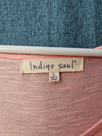 Indigo Soul Boho Tunic Top Large Pink Rayon Crochet Lace Sharkbite Hem Lagenlook