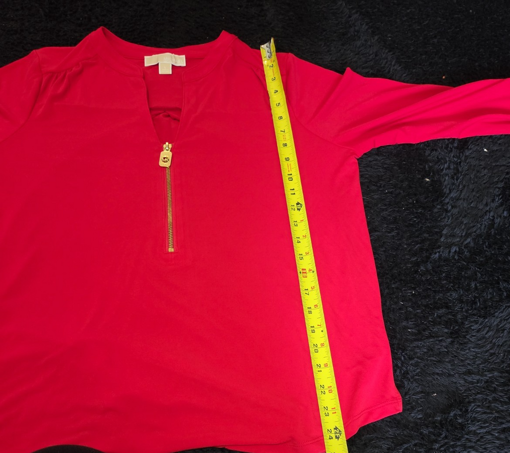 Michael Kors Blouse Red Zip Top Women Large Roll Tab Sleeve Jersey Shirt Used
