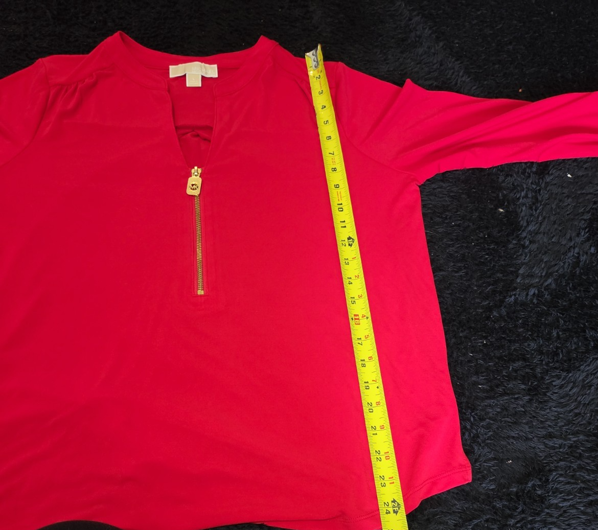 Michael Kors Blouse Red Zip Top Women Large Roll Tab Sleeve Jersey Shirt Used