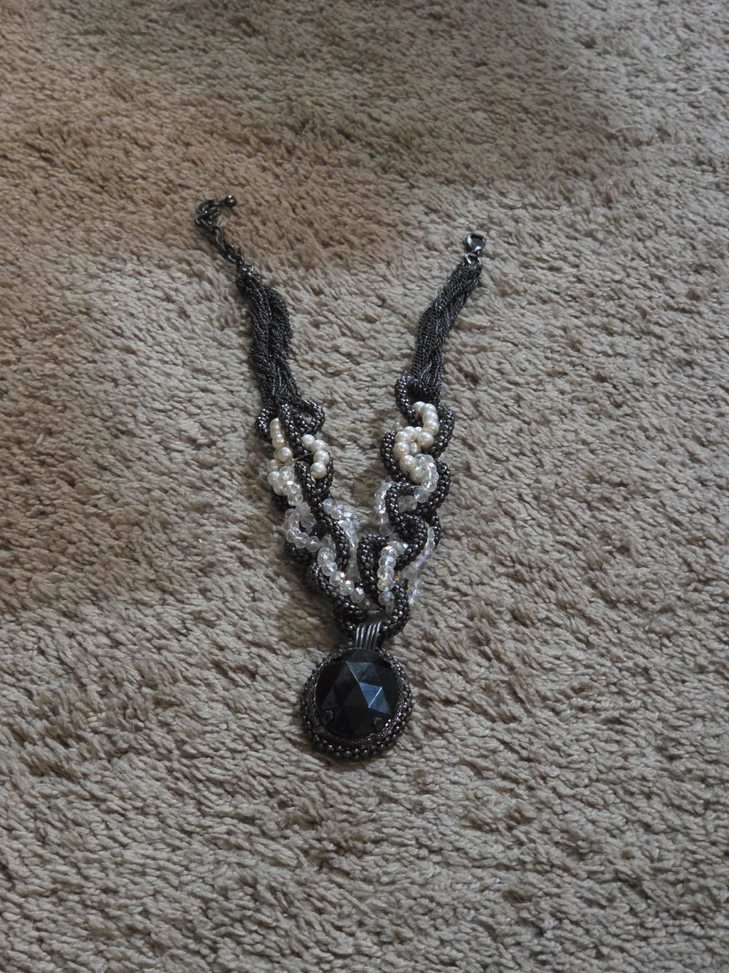Black Crystal Pearl Necklace Chunky Bib Pendant Antique Chain