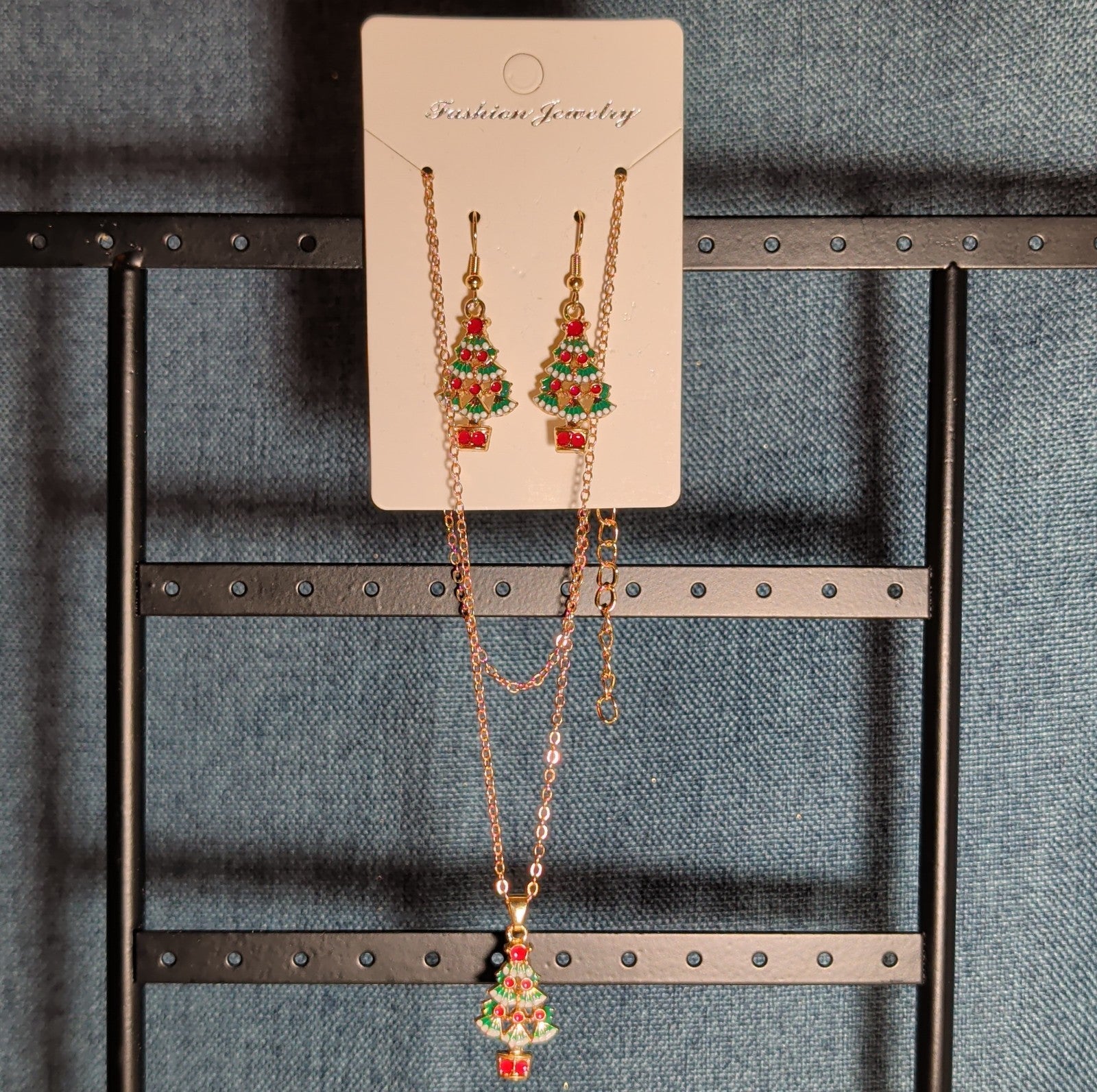 Christmas Tree Necklace Earring Set Gold Tone Enamel Holiday