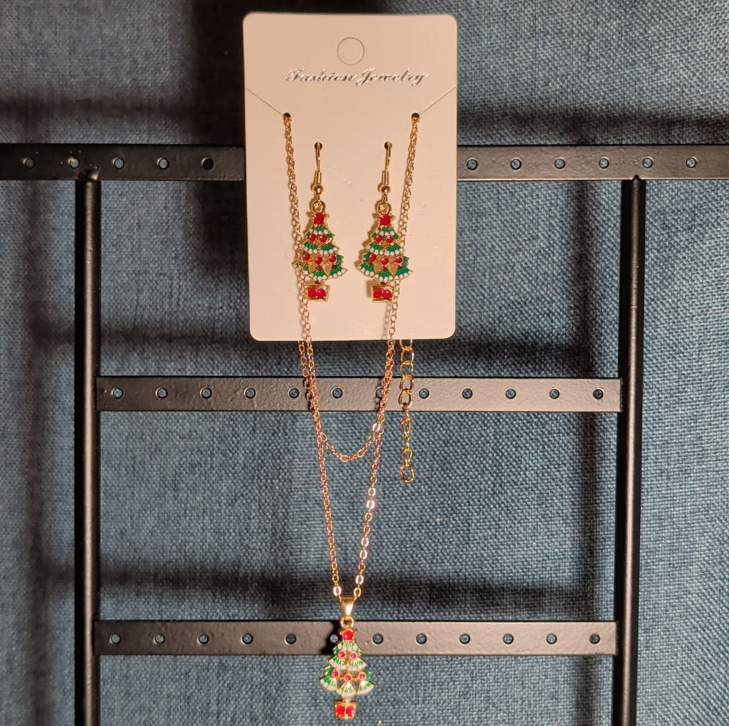 Christmas Tree Necklace Earring Set Gold Tone Enamel Holiday