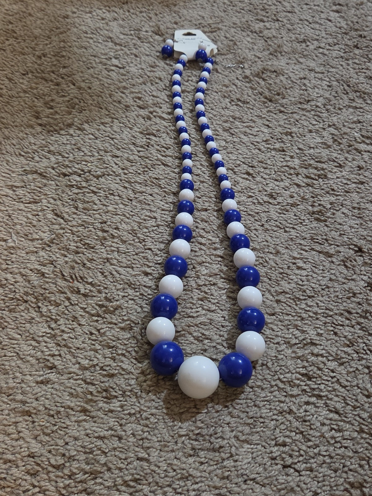 Chunky Bubblegum Bead Necklace Earring Set Blue White Retro