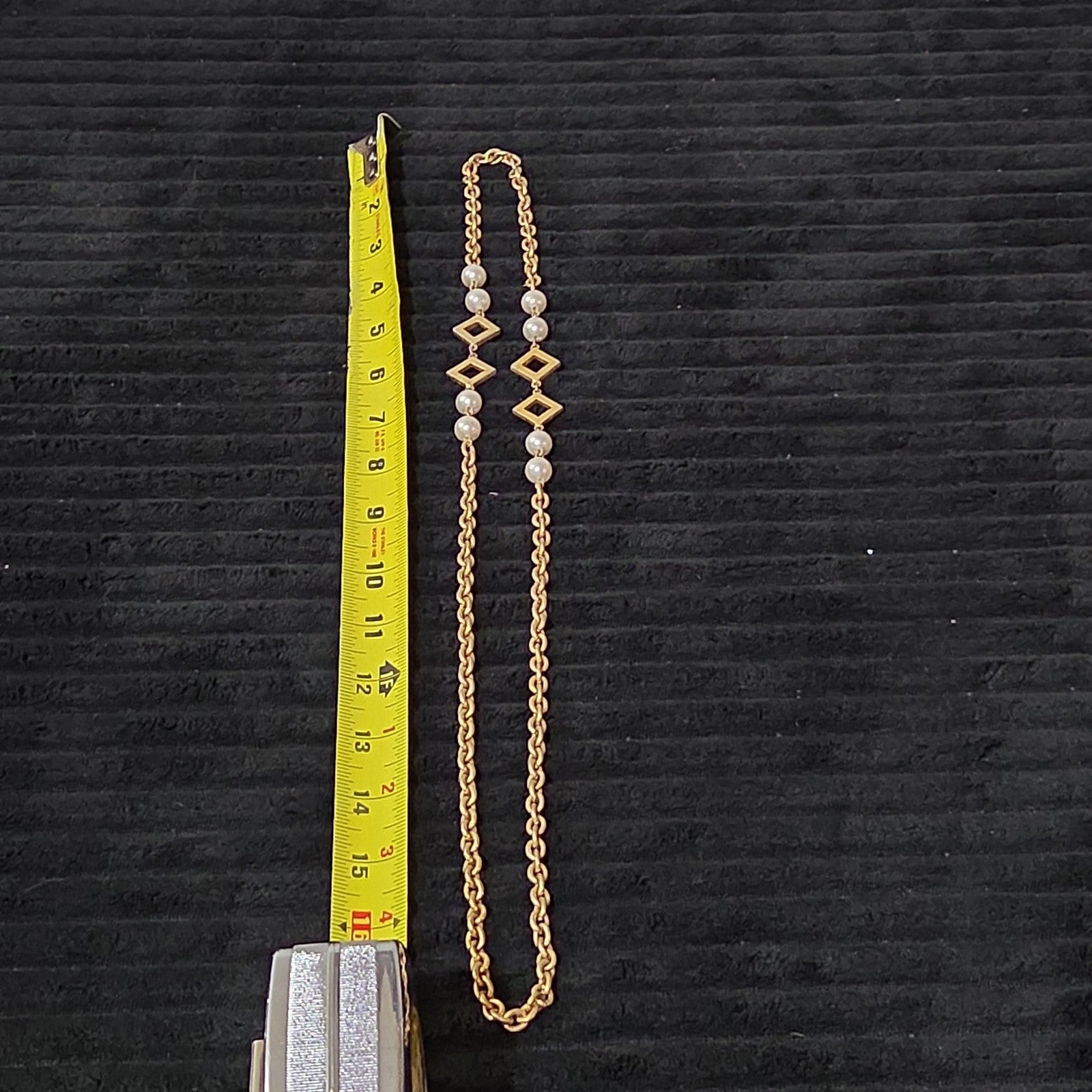 Vintage Gold Tone Geometric Necklace Long Pearl Station Diamond Link Chain 32"