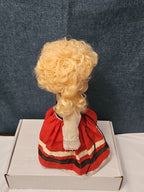 Vintage Heritage Doll Piggy Bank European Folk Costume Blonde Curls Aged Charm