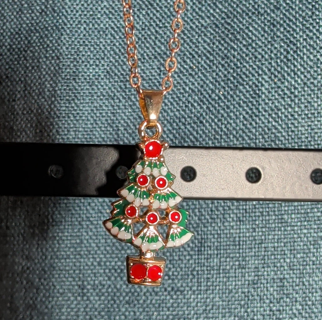 Christmas Tree Necklace Earring Set Gold Tone Enamel Holiday