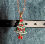 Christmas Tree Necklace Earring Set Gold Tone Enamel Holiday