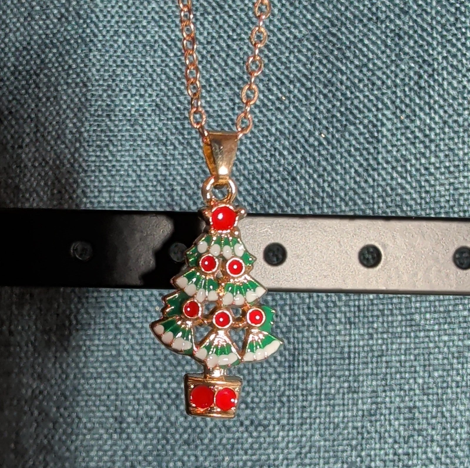 Christmas Tree Necklace Earring Set Gold Tone Enamel Holiday