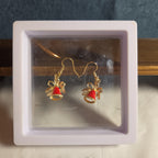 Gold Christmas Bells Drop Earrings 3/4" Red Enamel