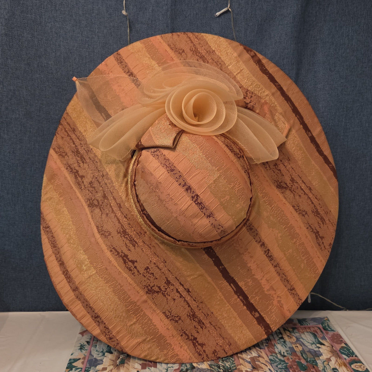 Ashro Wide Brim Derby Hat Peach Striped Mesh Flower