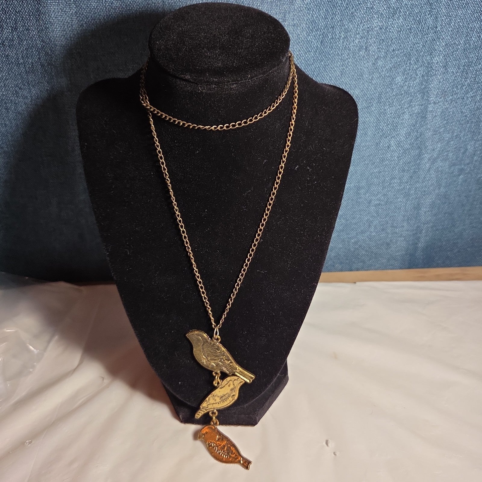 3 Birds Drop Pendant Necklace Brass Tone Long Chain Boho