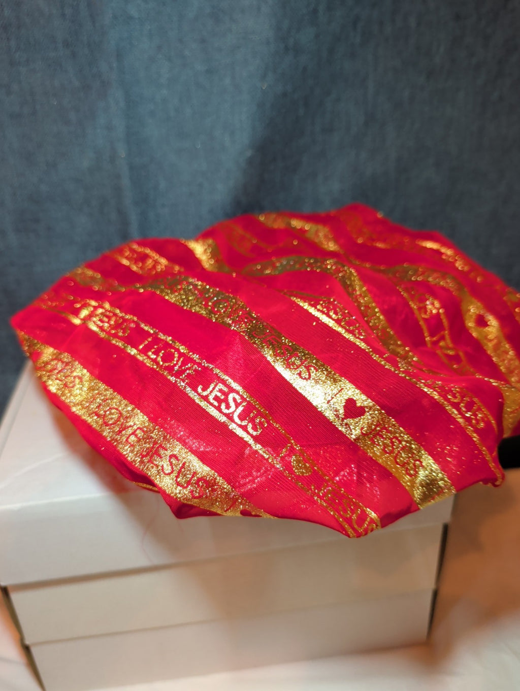 I Love Jesus Satin Hair Bonnet Sleep Cap Red Gold Glitter OS Made in USA