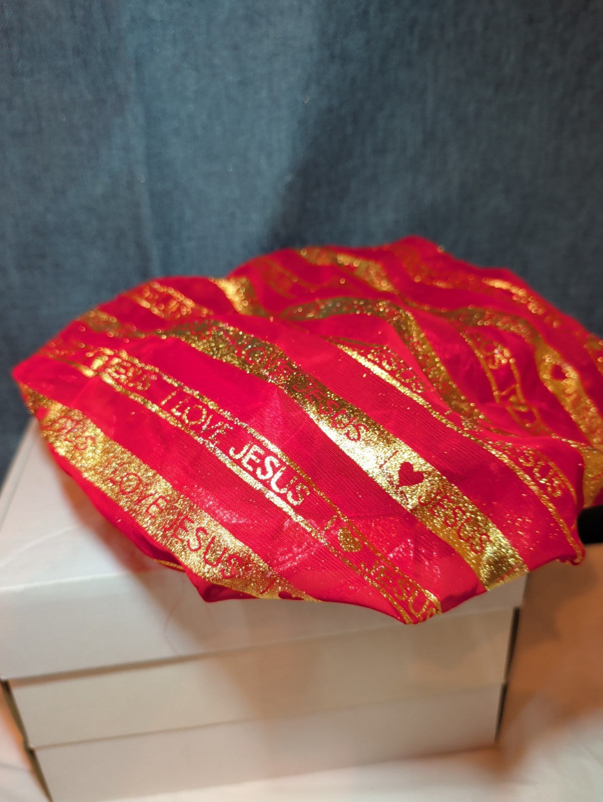 I Love Jesus Satin Hair Bonnet Sleep Cap Red Gold Glitter OS Made in USA