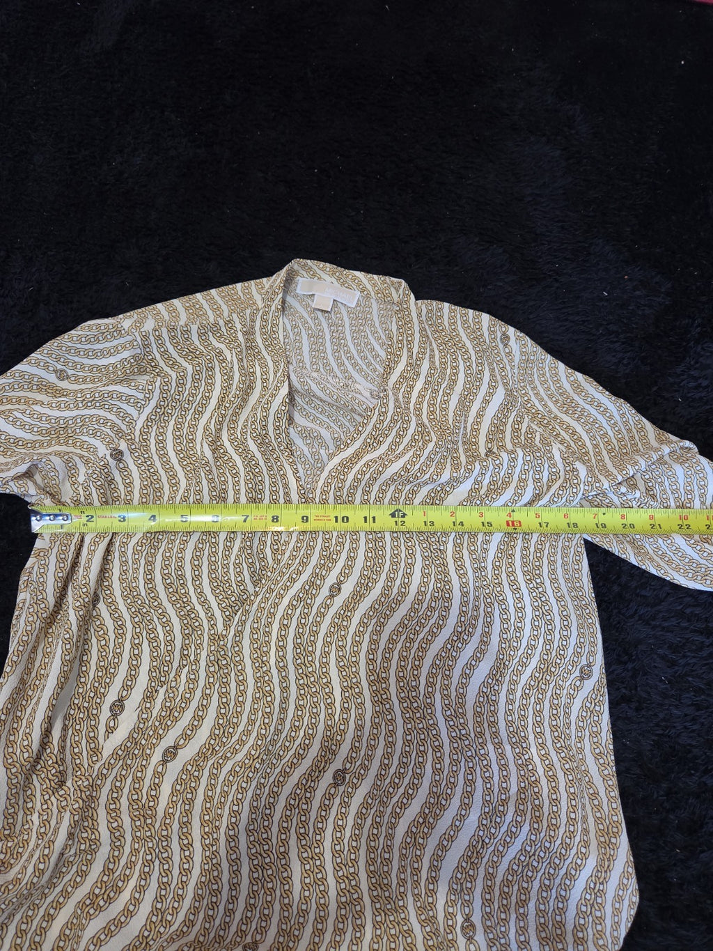 Michael Kors Blouse Gold Chain Link Print Wrap V-Neck Stretch Top L Gently Used