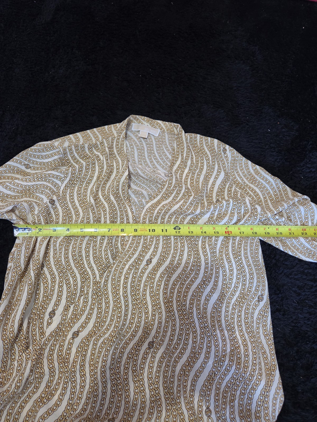 Michael Kors Blouse Gold Chain Link Print Wrap V-Neck Stretch Top L Gently Used