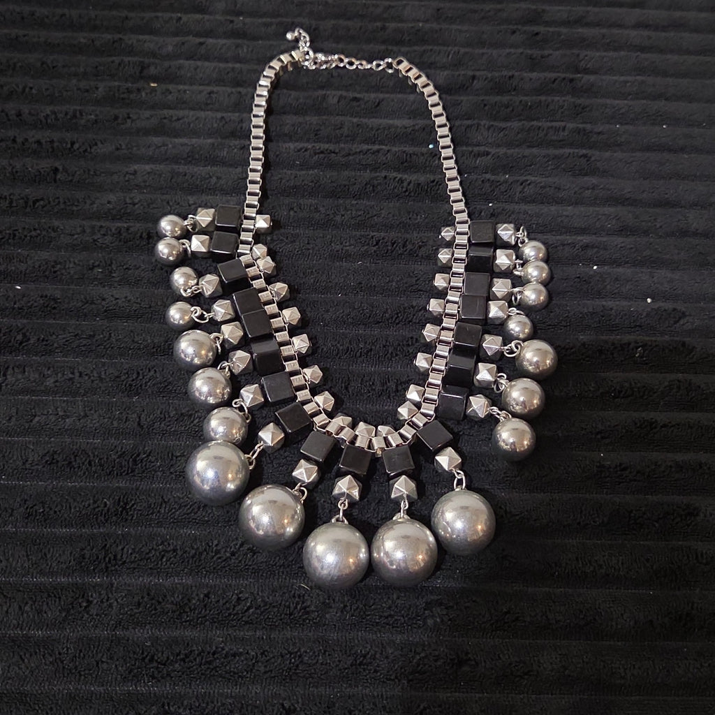 Chunky Silver Bib Statement Necklace Black Cube Cascading Collar Choker Punk Mod