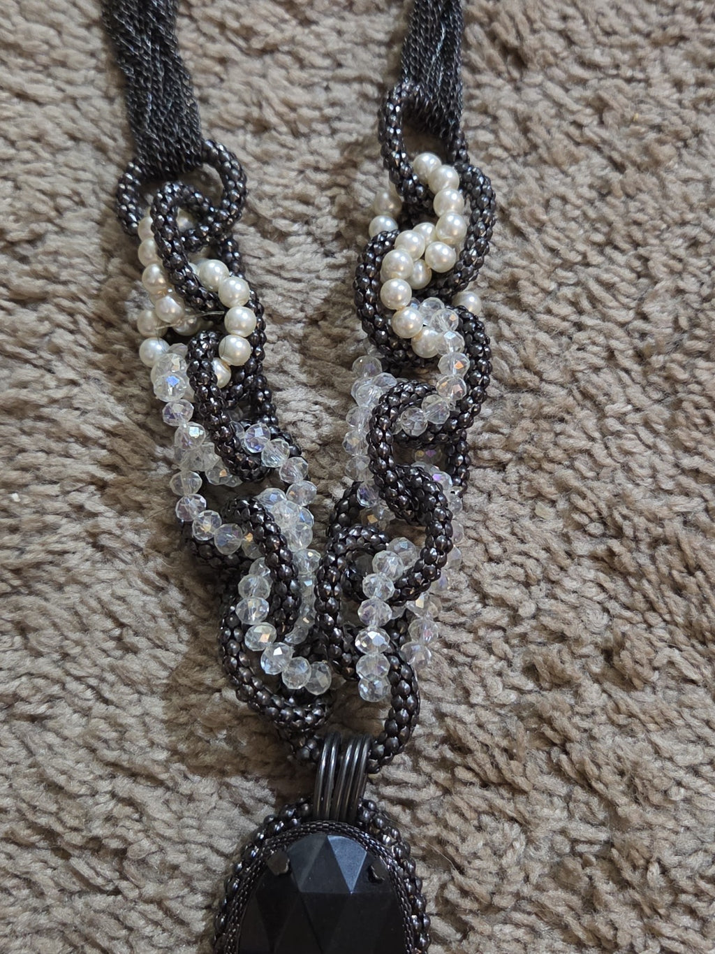 Black Crystal Pearl Necklace Chunky Bib Pendant Antique Chain