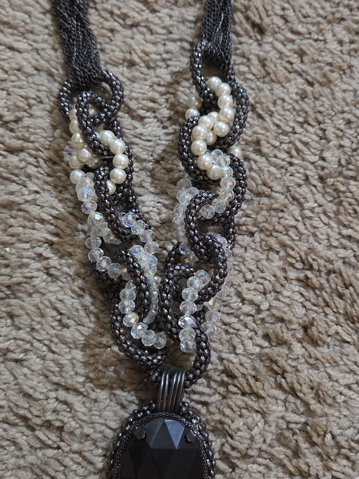 Black Crystal Pearl Necklace Chunky Bib Pendant Antique Chain