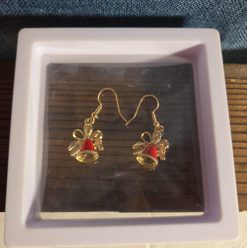 Gold Christmas Bells Drop Earrings 3/4" Red Enamel