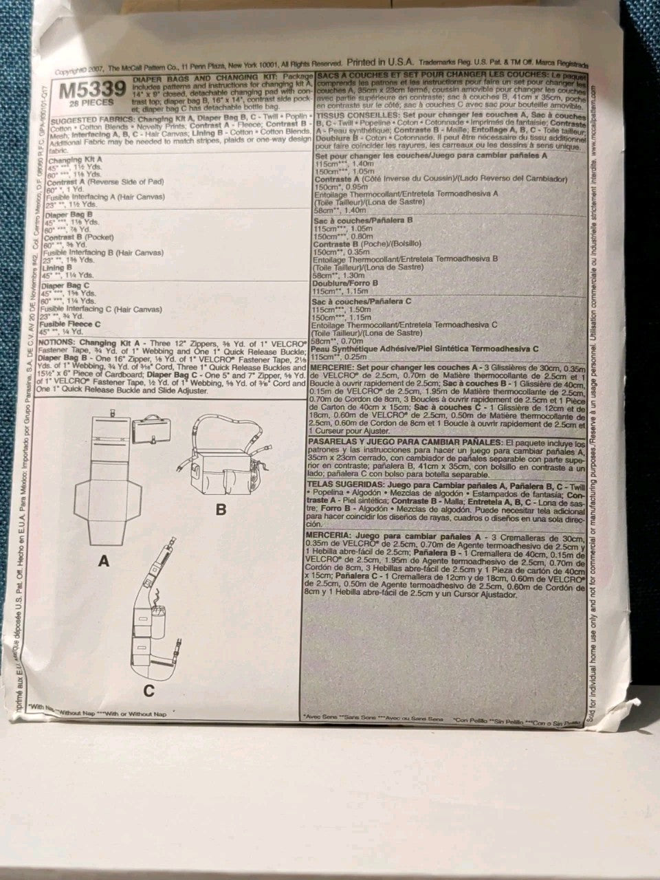 McCall's M5339 Diaper Bag Pattern 2007 Tote Changing Mat Bottle Bag UNCUT Kit