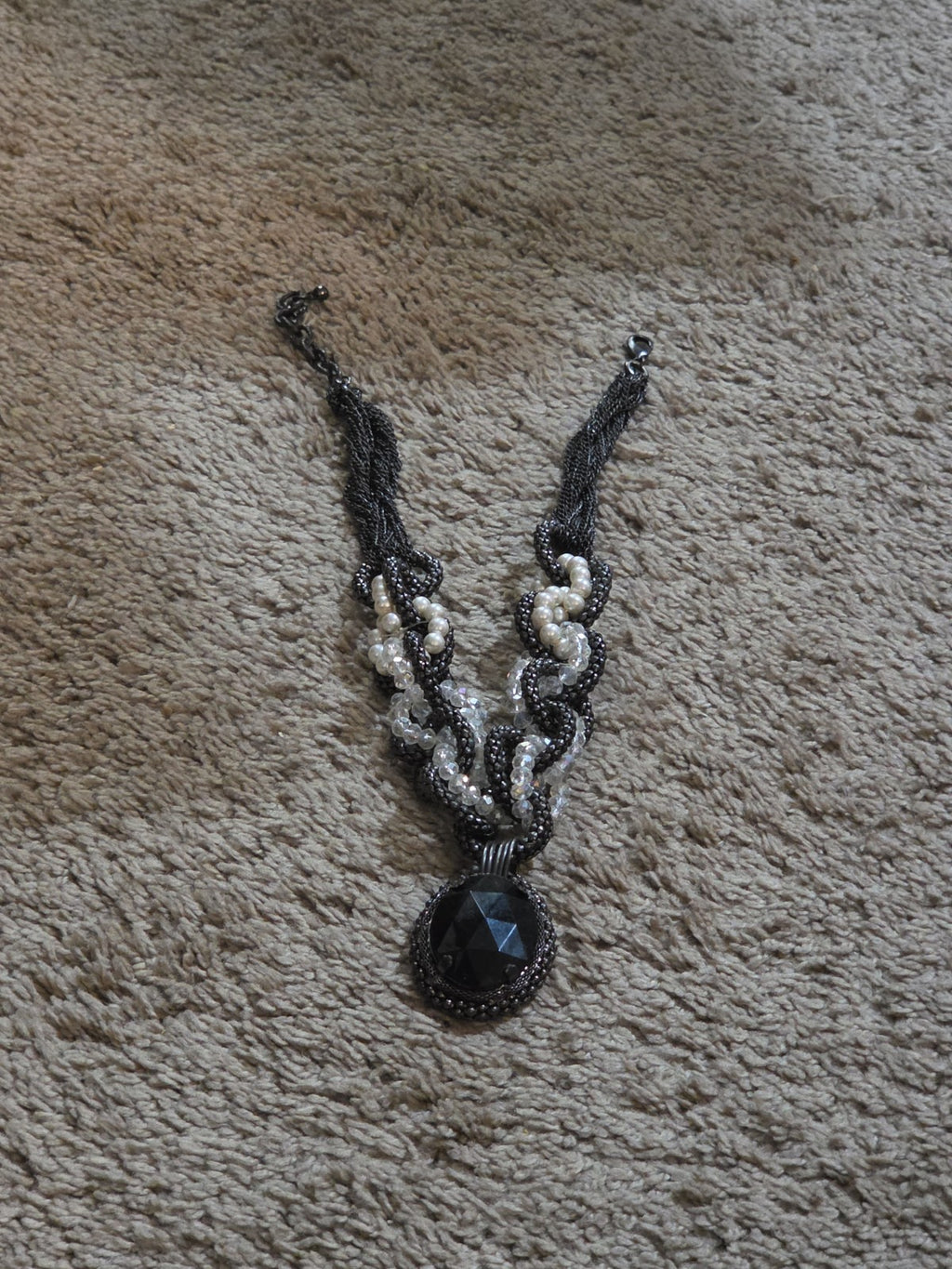 Black Crystal Pearl Necklace Chunky Bib Pendant Antique Chain