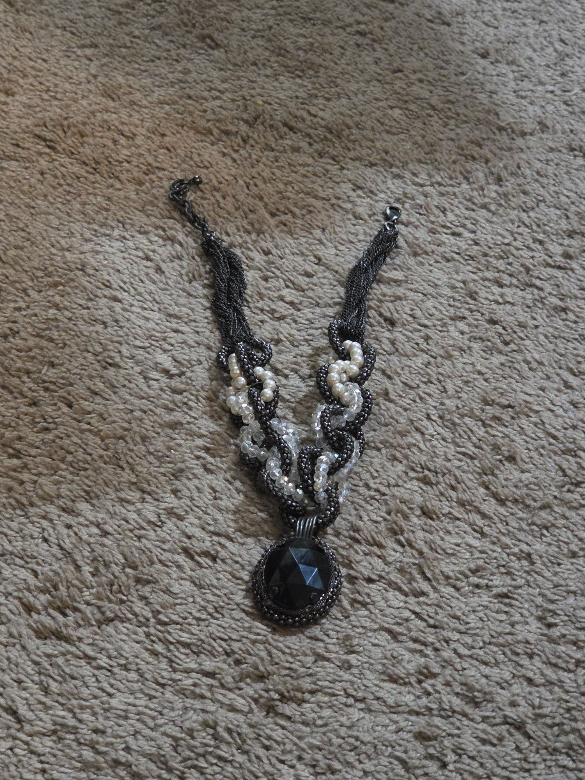 Black Crystal Pearl Necklace Chunky Bib Pendant Antique Chain