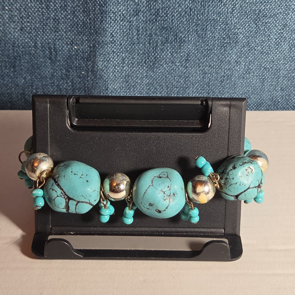 Chunky Faux Turquoise Silver Tone Stretch Bracelet Boho Y2K NWOT