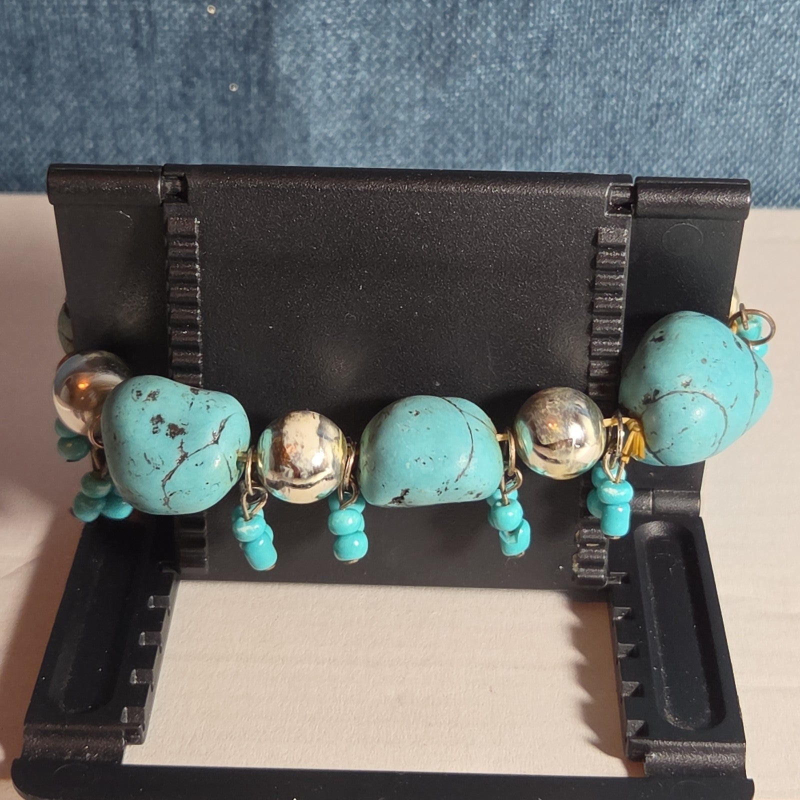 Chunky Faux Turquoise Silver Tone Stretch Bracelet Boho Y2K NWOT