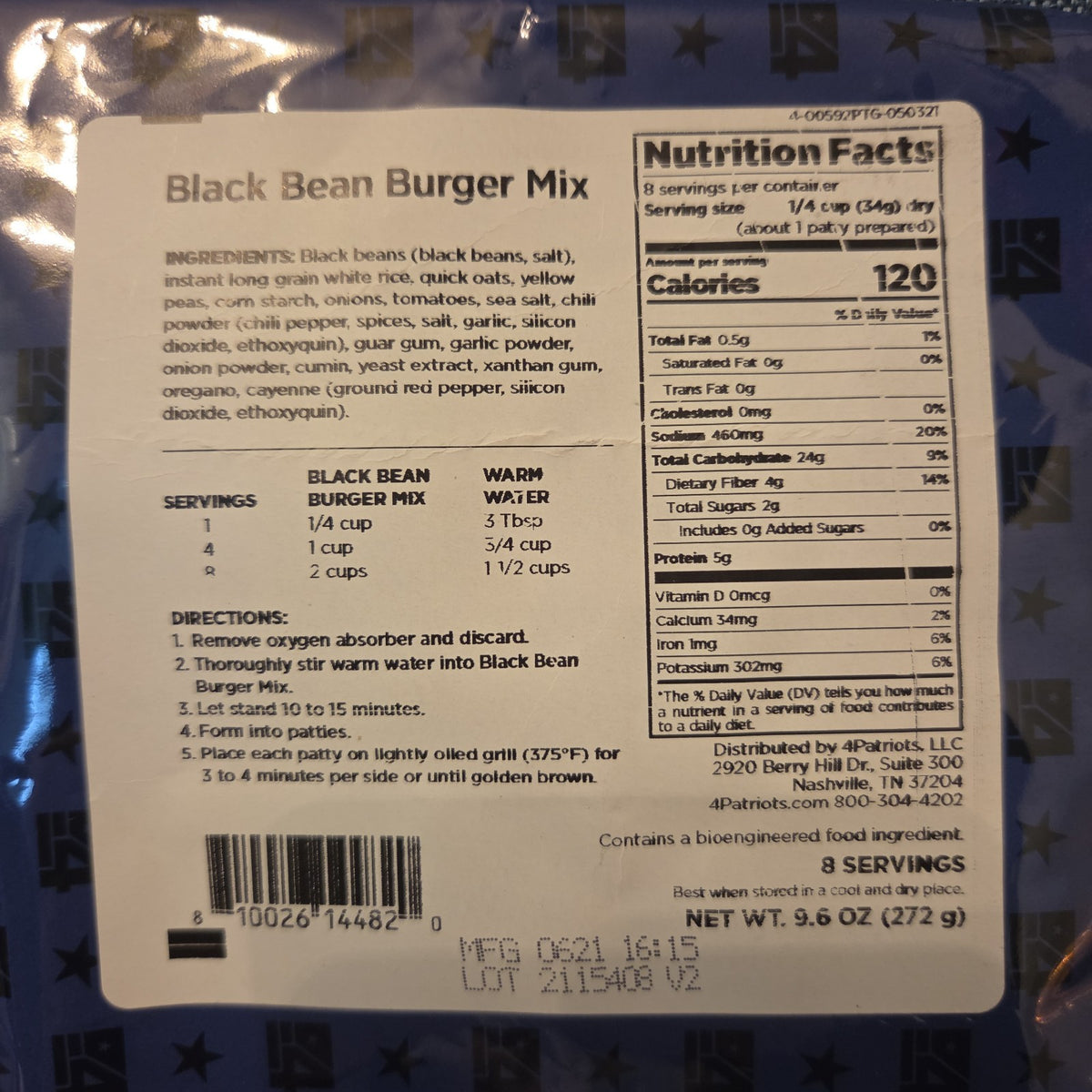 4Patriots Black Bean Burger Mix 8 Servings Survival Food