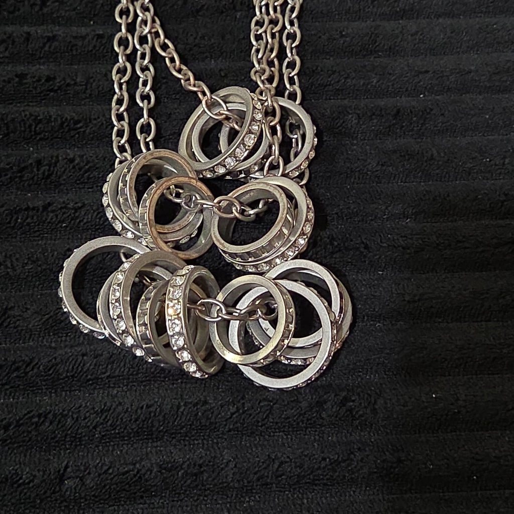 NY Collection Silver Tone Triple Chain Rhinestone Ring Cluster Necklace