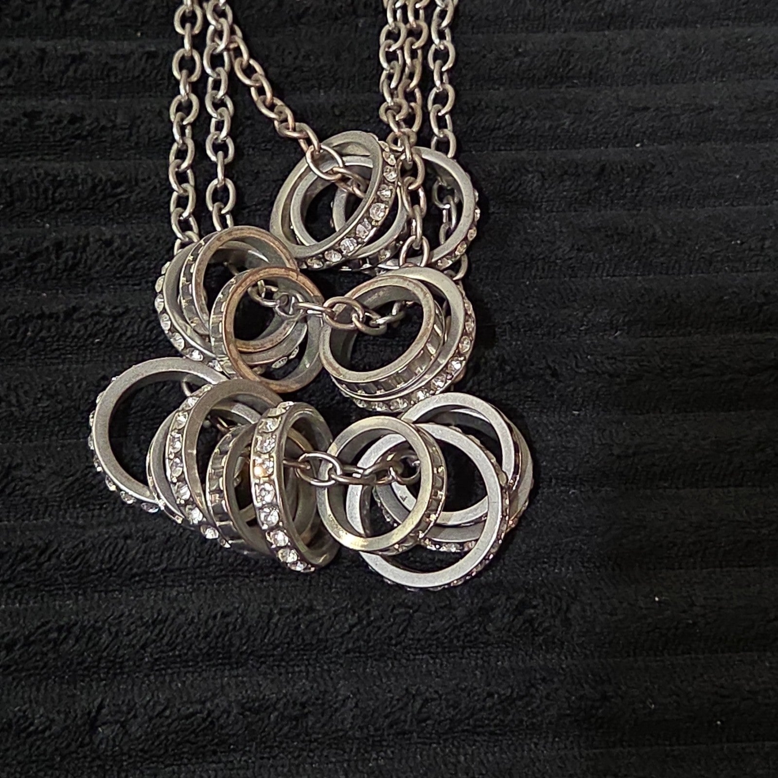 NY Collection Silver Tone Triple Chain Rhinestone Ring Cluster Necklace