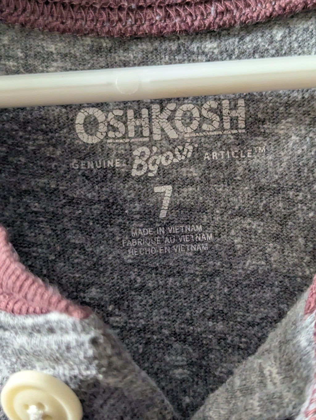 OshKosh B'gosh Boys Shirt Size 7 Henley Raglan Gray Maroon Varsity Stripe